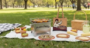 Accesorios para Picnic en México: parrilla portátil Pollo Feliz asando pollo, tortillero térmico y bolsa de tela de marca sobre manta en el pasto.