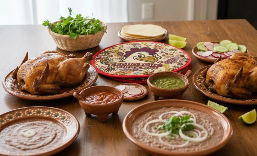 Texto Alternativo (Alt Text): Tortillero de tela redondo de Pollo Feliz sobre una mesa con pollo asado y guarniciones mexicanas.