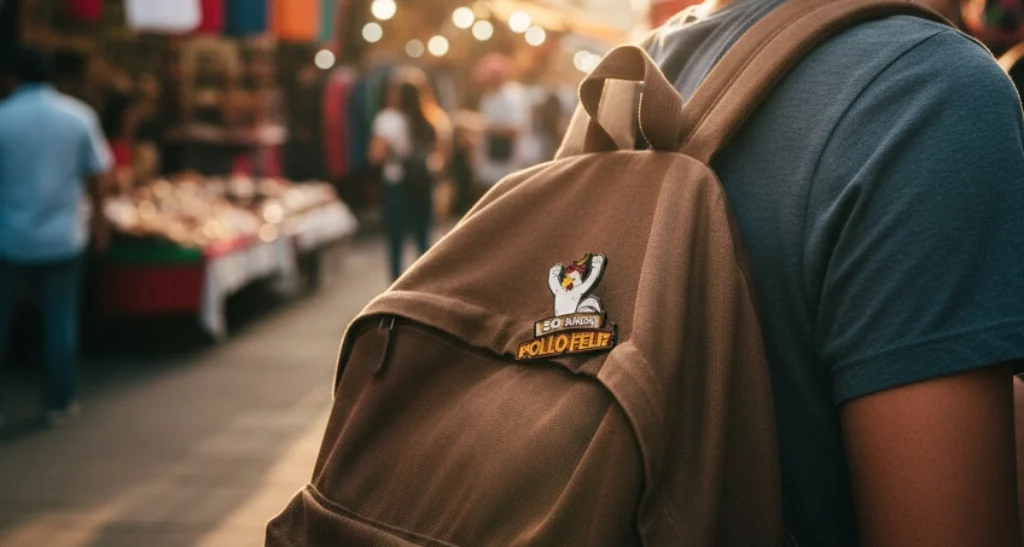 Guía sobre cómo usar pines como accesorio en tu outfit diario, mostrando a un joven que decide personalizar su mochila con pines y detalles de colección metálicos.