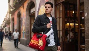 Hombre caminando por la ciudad con bolsas de tela resistentes de color rojo, cargando equipo fotográfico y accesorios personales para demostrar su durabilidad.